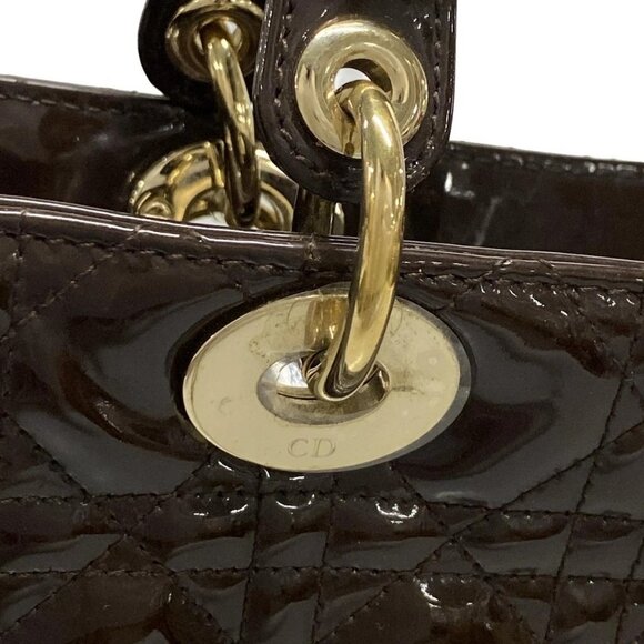 Auth DIOR/ChristianDior Lady Dior Large Dark Brown Patent Leather Handbag - Picture 10 of 16